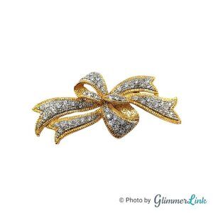 Vintage Sparkly Pave Style Rhinestones Bow Ribbon Gold Tone Brooch